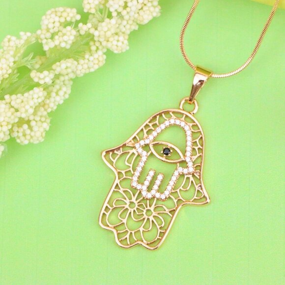 "Rose Gold Hamsa Hand Pendant with Crystal Eye Statement Charm, XPPT1585 - Picture 10 of 12